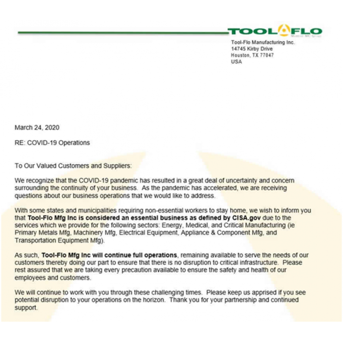 TOOLFLO notification on covid-19 coronavirus epidemic situation in the United States