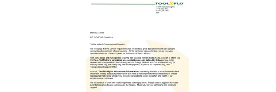 美国TOOLFLO关于COVID-19冠状病毒疫情通告
